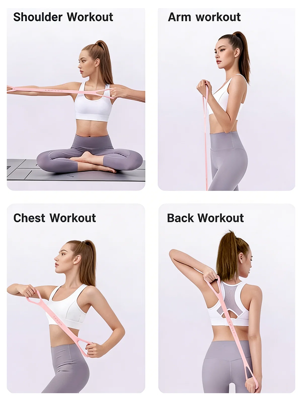Four exercises demonstrated with the Figure-8 resistance band