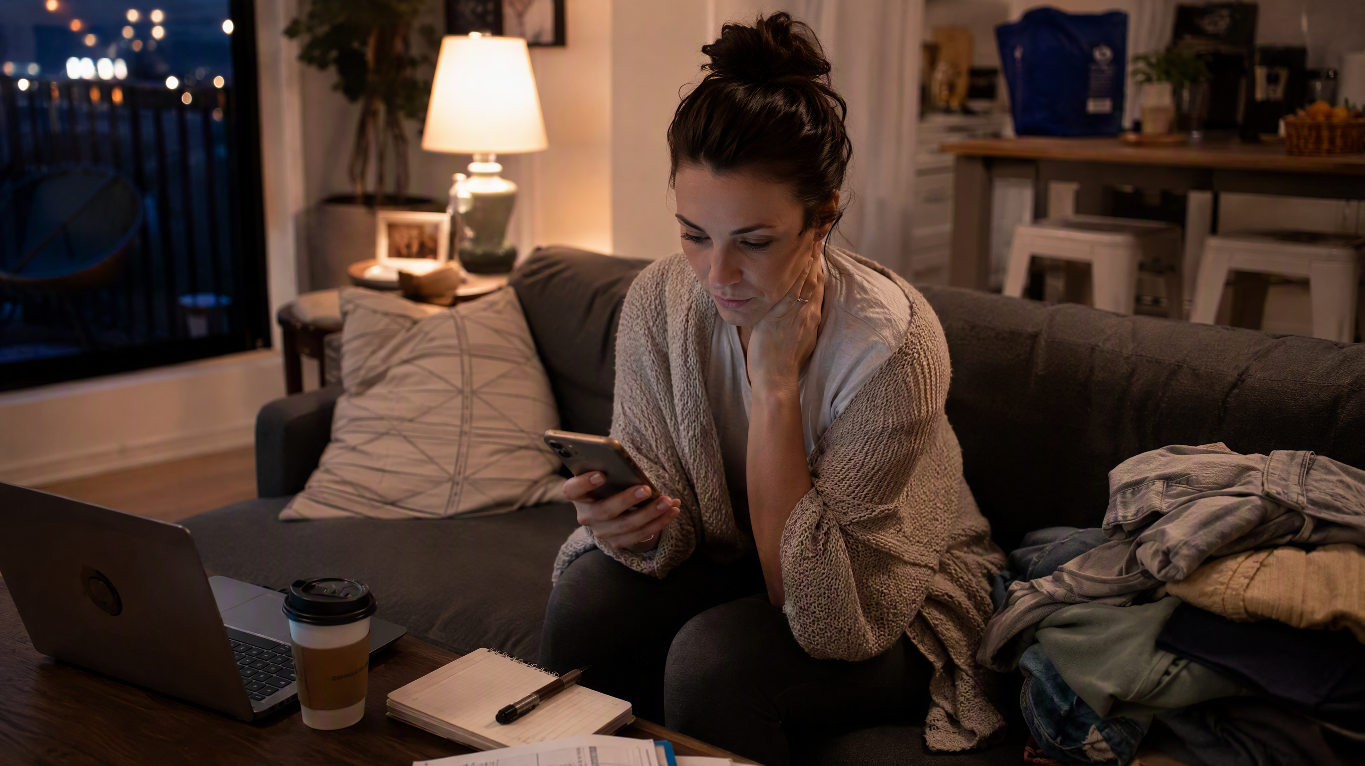 Tired woman checking her phone on the sofa after a long day